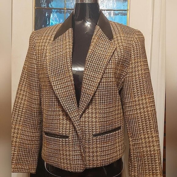Vintage 90s Houndstooth Blazer Dark Academia Old Money Tweed Jacket Size 10 - Picture 2 of 10